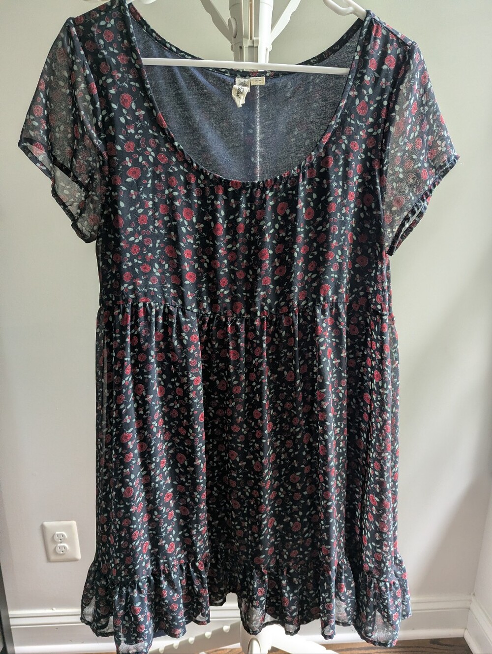 Others Follow Floral Sheer Layer Babydoll Mini Dress Scoop Neck Ruffle Hem